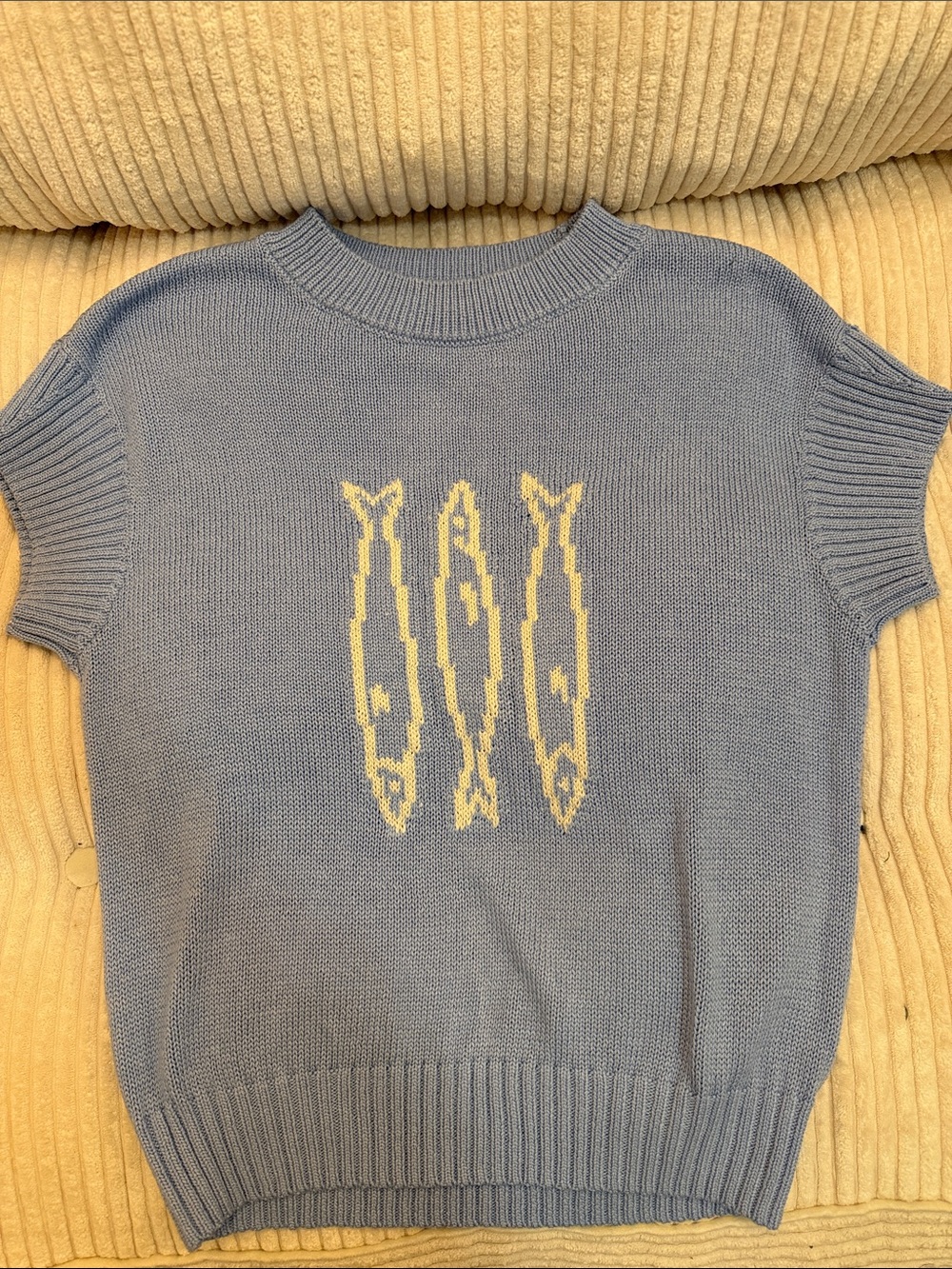 LOFT Light Blue Short-Sleeve Crewneck Sweater with Cream Fish Motif